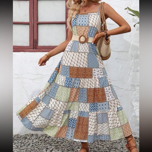 Boho Cottagecore Patchwork Floral Print Ruffle Hem Cami Dress - Picture 2 of 6